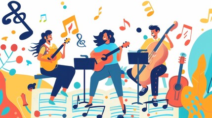 Wall Mural - The illustration features people sitting on sheet music and playing music instruments. This is a flat, minimal modern design style.