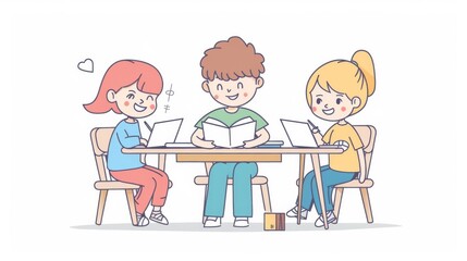 Wall Mural - Children studying at a desk. Flat design minimal modern illustration.