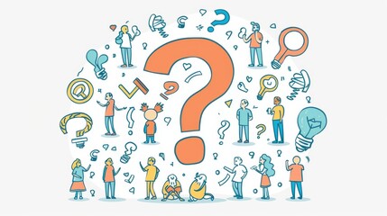 Poster - There are small characters asking questions surrounding a large question mark. An illustration in a flat design style with minimal elements