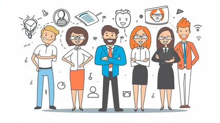 Poster - Business icons are floating above the heads of team members with confident faces. Flat design style modern illustration.