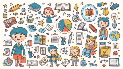 Poster - School students learning and growing on their own. Illustrations of education content.