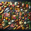 assorted of food ingredients- fruit, vegetable, meat and fish
