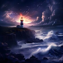 A Lighthouse On Top Of The Rock Hill, Big Tidal Wave, Storm And Lightning