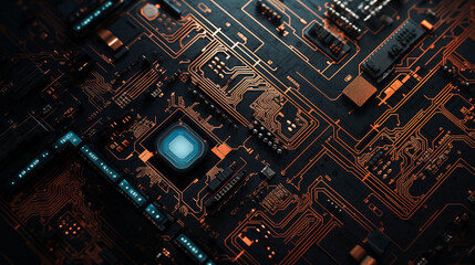 Circuit cyberspace design created, technology, processor chip, tech environment, blockchain. Circuit board provides access control and fingerprint security for cybersecurity