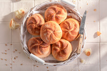 Healthy and hot kaiser buns baked in a bakehouse.