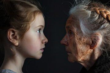 A young girl and an old woman are shown side by side. The woman has a lot of wrinkles on her face and the girl has blonde hair. young around 9 years old vs adult around 50 years old