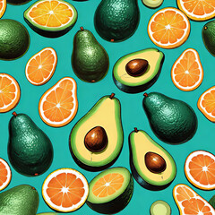 Wall Mural - vector illustration, seamless pattern with avocado, tropical citrus and ice, background for smartphone, print, design,