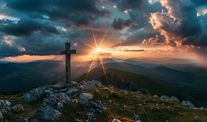 Wall Mural - holy saturday cross on top of mountain with evening sky background	
