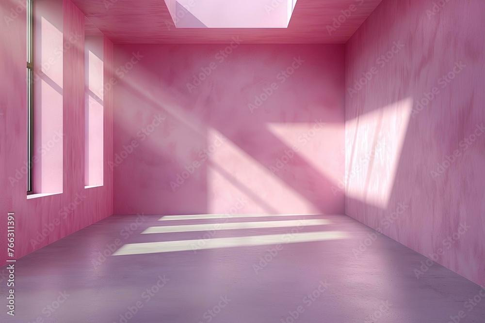 Empty room with pink walls, concrete floor and sunlight. 3d rendering ...