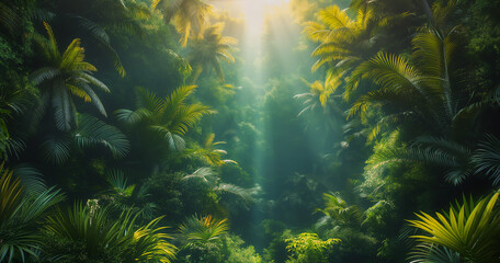 Wall Mural - backdrop illustration Lush tropical forest background image generated by AI