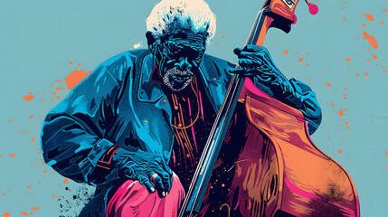 Wall Mural - old jazz musician he plays music with a double bass