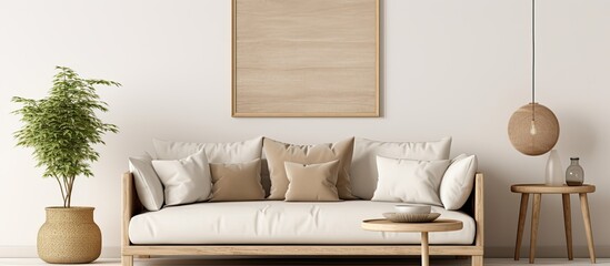 Wall Mural - White couch adorned with cushions paired with a wooden table in a cozy living room setting