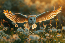 An Elegant Night Owl In A Flight , Landing In A Grassy Land With Sunset Rays Adding To Its Beauty