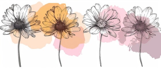 Wall Mural - Flowers with open petals. Black and white line art. Sketch illustration of gerbera daisy. Great for greeting cards, wedding invitations, and mother's day cards.