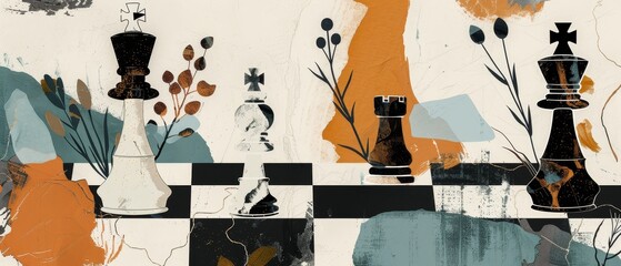 Poster - Chess pieces on chessboard. Poster promoting a chess competition or section. Place for text invitation to play chess. Flat modern illustration.