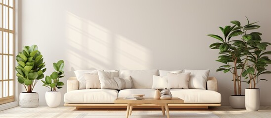 Sticker - The image shows a comfortable living space furnished with a stylish white couch and a central coffee table
