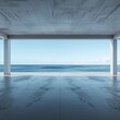 Abstract architecture design of modern building. Empty parking area concrete floor with beach and blue sky sea view. 3D rendering background image for car scene. Generative AI