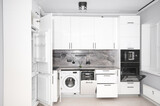 Fototapeta Uliczki - New, modern kitchen interior with kitchen appliances in front view