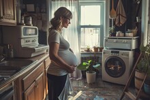 A Tender Scene As A Pregnant Woman Stands Contemplatively By The Window In A Cozy, Vintage-styled Kitchen.