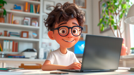 Little cartoon boy in the room sitting and looking at his laptop. He is playing, having fun.