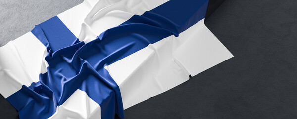 Wall Mural - Flag of Finland. Fabric textured Finland flag isolated on dark background. 3D illustration