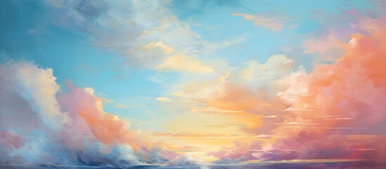 Wall Mural - Scenic painting of a colorful sunset over the ocean, showing a small boat peacefully floating in the water