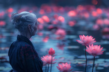 A Woman Stands Near A Pond Filled With Pink Flowers On Wesak Or Vesak Day