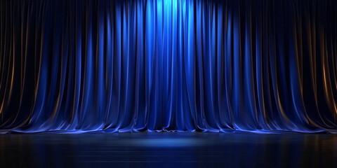 Wall Mural - Blue stage curtains. Empty theater stage with blue curtains. Spotlight showtime, copy space, banner