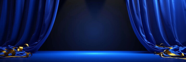 Wall Mural - Blue stage curtains. Empty theater stage with blue curtains. Spotlight showtime, copy space, banner