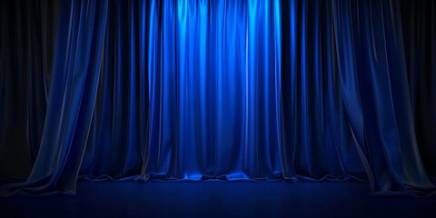 Wall Mural - Blue stage curtains. Empty theater stage with blue curtains. Spotlight showtime, copy space, banner