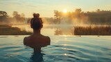 Fototapeta  - A traveler enjoying a spa retreat in a serene natural landscape