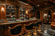 a neat and clean exquisite view of a bar , proper eye catching lighting and presentation of chairs and sitting arrangements