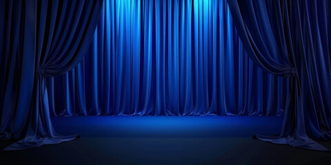 Wall Mural - Blue stage curtains. Empty theater stage with blue curtains. Spotlight showtime, copy space, banner