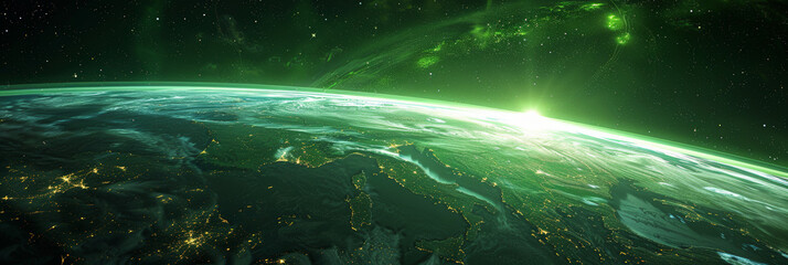 green glowing light on black background,green sunset earth in space,