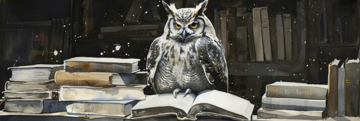 Wall Mural - A brown owl perches atop a stack of books, its feathers ruffled slightly. The owl gazes ahead with a calm demeanor, surrounded by a collection of diverse books