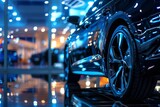 Fototapeta  - Luxurious new car in dealership at night, modern vehicle with urban reflections and lights