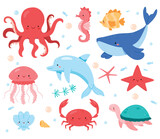 Fototapeta Dinusie - Set of sea animals.Cute ocean fish, octopus, shark and turtle, jellyfish, crab and seal. Underwater wildlife