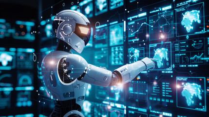 Futuristic robot interacting with holographic interfaces in a digital technology marketplace