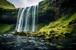Majestic waterfalls descending from moss-covered cliffs, blending seamlessly into a verdant landscape