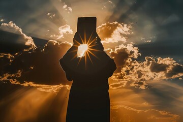 Canvas Print - silhouette of moses standing tall, holding stone tablet above head with both hands, sunburst behind him