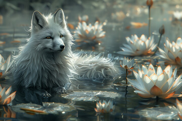 A painting featuring a white fox surrounded by water lilies in a pond, travel concept.
