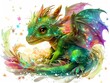 Curious dragon hatchling amidst a swirl of sparkling neon stars