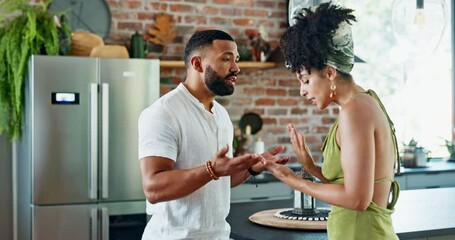 Wall Mural - Divorce, argument and angry couple in kitchen of home for disagreement, frustration or mistake. Fighting, conflict or problem with man and woman arguing in apartment for breakup or toxic marriage