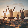 Group of mature people doing yoga in the beach during a beautiful sunset or sunrise of summer. They are enjoying together. Yoga concept. Active old people concept.