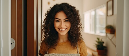 Wall Mural - A woman with black, curly artificial hair integrations is smiling in front of a door, featuring a flowerpot with a houseplant. Her layered jheri curl ringlets complement her look for the event