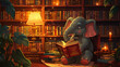Elephant librarian shelving books, cozy library vector,