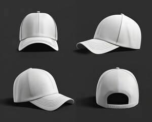 Wall Mural - 3D Hat Mockup Template on Black Background. Isolated White Hat with View from Top, Bottom, Front, and Back. Perfect for Casual Attire Ads