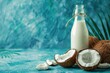 Fresh and Healthy Coconut Milk in Glass Bottle: Vegan, Non-Dairy, Exotic Tropical Fruit Drink with White Background