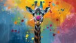  A vibrant portrayal of a giraffe's head adorned with multicolored splatters on its visage
