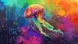  A watercolor painting of a vibrantly colored jellyfish on a diverse background, adorned with splattered paint